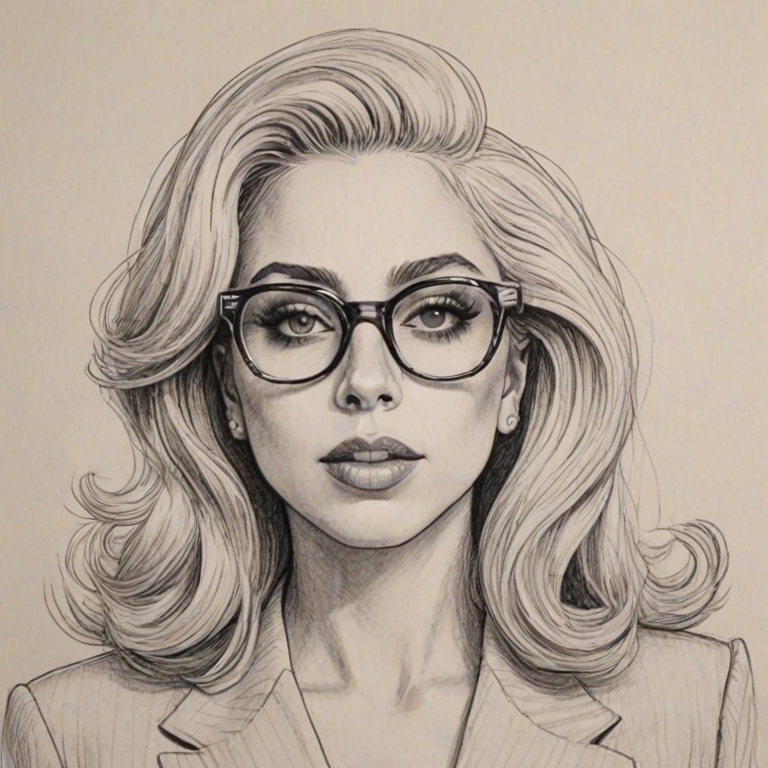Magnificent Lady Gaga, pencil sketch, portrait of Attractive woman 1942s in glasses, hair style beatnik, outline, clear lines, fine lines, 8k