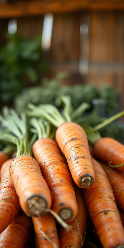 Close-up shot of freshly harvested carrots in a rustic setting, focus on texture and color, aperture f/2.8, shutter speed 1/100 sec, ISO 200, macro lens, natural light, DSLR camera.