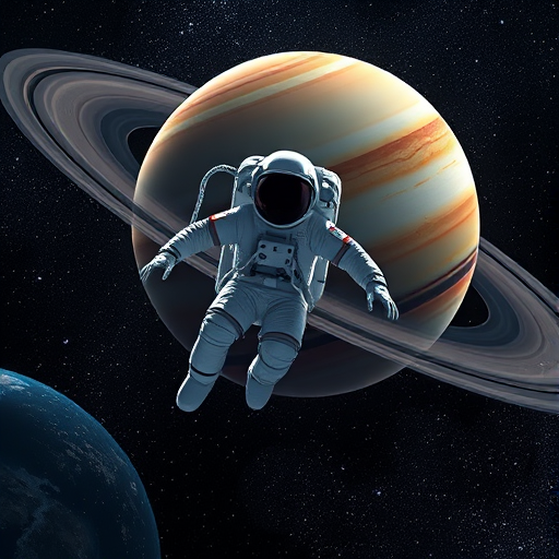 Create an illustration of an astronaut floating in space with a detailed representation of Saturn in the background, using a high-resolution digital art style, captured with a wide-angle lens at f/11, ISO 100, and a soft focus effect to enhance depth.