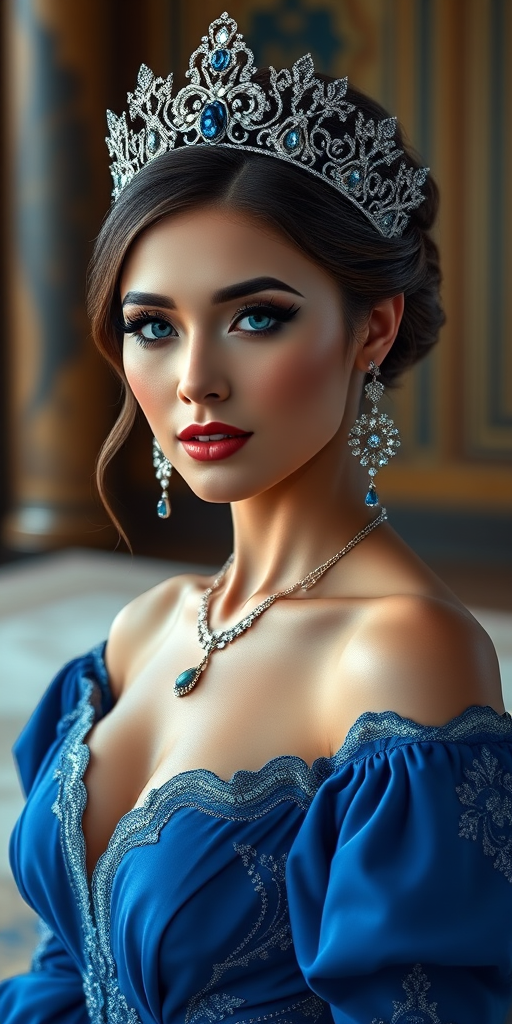 A gorgeous Kyrgyz woman in a luxurious blue gown, accessorized with a dazzling tiara and statement earrings, her deep blue eyes highlighted by impeccable makeup, poised in a royal setting, photorealistic, 8K quality