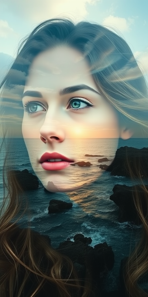 this image is Book cover, A surreal double exposure portrait that blends a woman's face with a beautiful seascape. The overall mood is dreamy and mystical, with rich colors and intricate details
