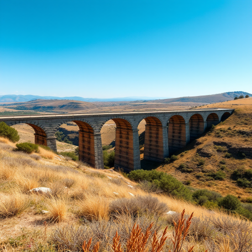 a scenic view of an ancient stone aqueduct bridge spanning across rolling hills and valleys, with a clear blue sky, captured with a Canon EOS 5D Mark IV, f/8 aperture, ISO 100, 24mm focal length, wide-angle perspective, natural lighting