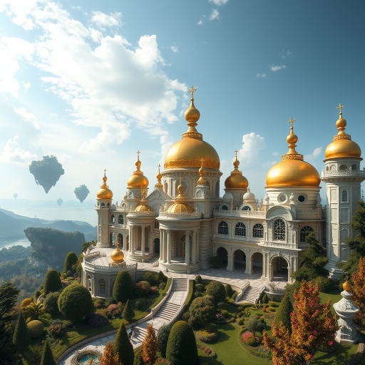 generate a majestic fantasy palace with intricate architecture, golden domes, lush gardens, and floating islands in the background, captured with a DSLR camera, f/8 aperture, 24mm lens, 1/125 second exposure, daylight setting, high dynamic range style.
