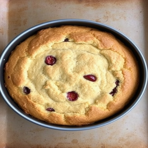 A freshly baked cake in a round springform pan with a golden brown top and a crumbly texture, placed on a rustic baking sheet with a slightly worn surface. The cake features visible bits of fruit peeking through the top crust, creating an inviting and homemade appearance.