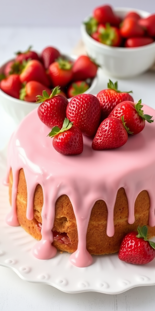 A delicious round cake with pink icing dripping down the sides topped with fresh strawberries on a decorative white plate accompanied by a bowl of strawberries in the background.