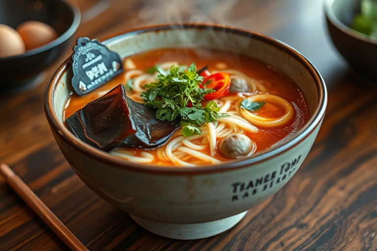 Close-up of a steaming bowl of ramen, garnished with fresh herbs and vegetables, set on a wooden table with chopsticks resting beside it, creating an inviting culinary scene.