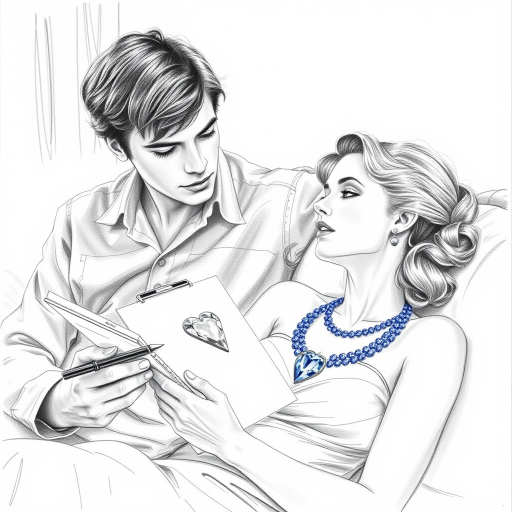 A hyperdetailed photorealistic black and white pencil sketch of the scene from the film Titanic where Jack is sketching Rose's portrait on his art pad as she reclines on the couch, wearing a bright sapphire blue diamond necklace with a heart-shaped diamond. The drawing on his art pad resembles Rose. Both Rose and the drawing of Rose are shown in the same image.