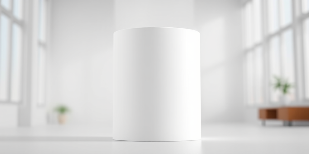 Create a 3D rendering of a blank white cylinder, positioned in a well-lit environment, using a DSLR camera with a 50mm lens, aperture f/1.8, ISO 100, and a shallow depth of field to focus on the cylinder against a blurred background.