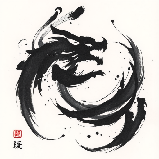 Brushstroke style tattoo, "Zen Calligraphy," featuring bold, expressive black ink strokes reminiscent of traditional East Asian calligraphy, creating an abstract representation of animals, nature, or symbols with a sense of movement and flow