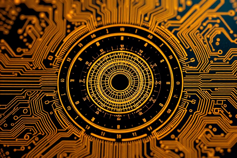 Generate an image of a circular digital design surrounded by intricate golden circuit patterns and binary code, shot with a Canon EOS 5D Mark IV, f/8 aperture, ISO 100, 50mm lens, with a focus on high detail and vibrant colors.