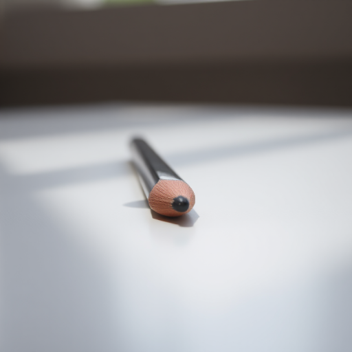 Create a highly detailed image of a pencil lying on a flat surface, with soft natural lighting, a 50mm lens at f/2.8 for a shallow depth of field, using a DSLR camera for professional quality.