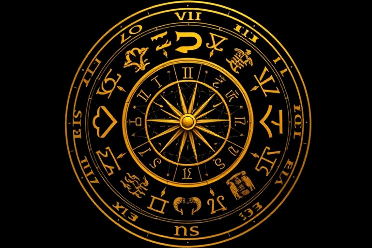 Create an astrological wheel with zodiac signs, using a black background and a golden color scheme, capturing intricate details and sharp lines; camera settings: f/2.8, ISO 100, 1/60s; camera view: top-down; camera style: macro; camera type: digital SLR.