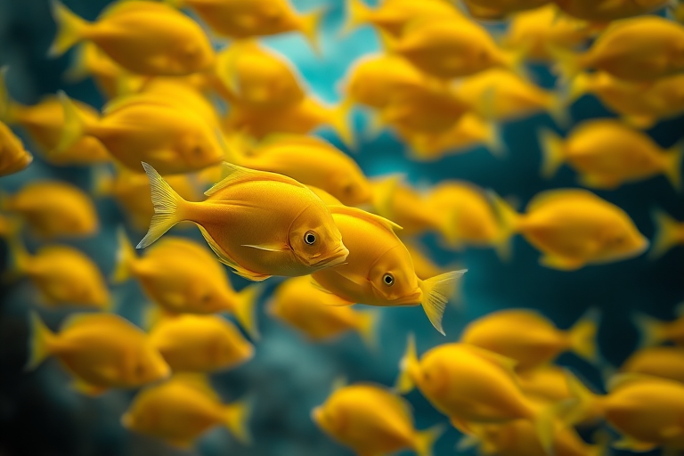 Create an image of a school of vibrant yellow fish swimming together, shot with a Canon EOS R5 at f/2.8, ISO 100, 1/250s, in a macro perspective with a shallow depth of field to emphasize the details and colors of the fish while blurring the background.