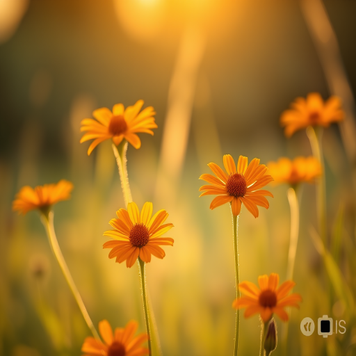 capture a close-up shot of vibrant orange wildflowers in a soft-focus background during golden hour using a DSLR camera with a 50mm lens, aperture set at f/2.8, ISO 100, and shutter speed at 1/200s to enhance details and create a warm glow in the image