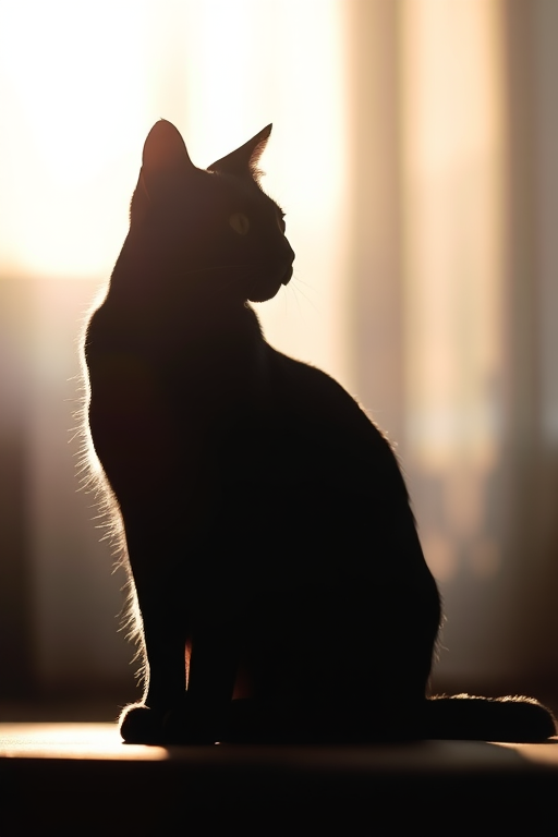 Create a high-resolution image of a silhouette of a cat sitting, captured with a Canon EOS R5, 50mm lens, aperture f/1.8, ISO 100, in a soft focus style with a backlight effect for dramatic contrast.