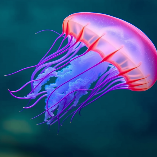 Create an ethereal underwater scene featuring a glowing jellyfish with vibrant blue and purple tentacles, captured with a Canon EOS R5, 85mm lens, f/1.4 aperture, ISO 200, and a soft focus bokeh background to enhance the jellyfish's luminescence.