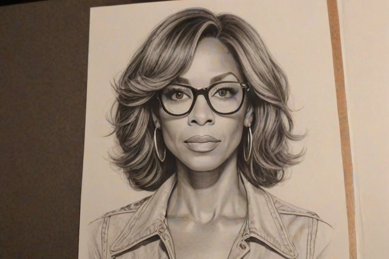 Superb Holly Robinson Peete, pencil sketch, portrait of Splendid woman 1971s in glasses, hair style beatnik, outline, clear lines, fine lines, 8k