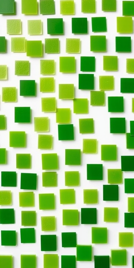 Create an abstract image of varying shades of green squares scattered across a white background, with a soft focus effect, 50mm lens, f/2.8 aperture, ISO 100, and natural lighting.