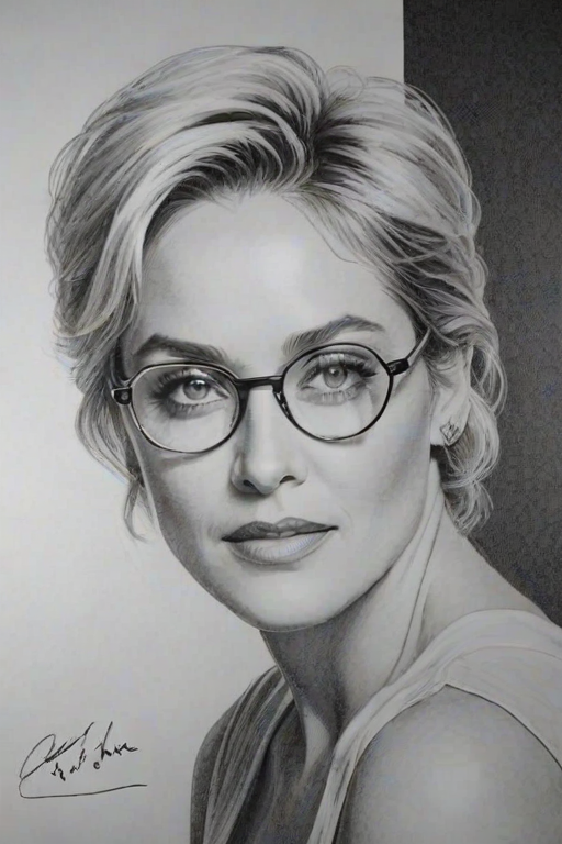 Dazzling Sharon Stone, pencil sketch, portrait of Superb woman 1936s in glasses, hair style beatnik, outline, clear lines, fine lines, 8k