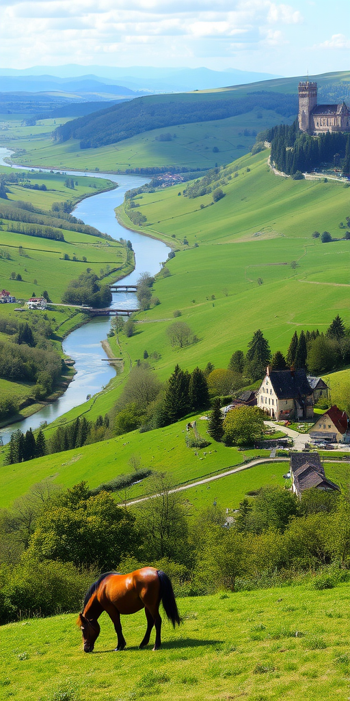 a panoramic view of a lush green landscape with rolling hills, a winding river, a distant historical building, and a horse grazing in a meadow near a quaint village with houses surrounded by trees