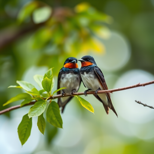 photograph two swallows perched on a branch with lush green leaves in a blurred natural background, shot with a Canon EOS R5, 85mm lens, aperture f/2.8, shutter speed 1/250s, ISO 200, using a soft focus effect for a dreamy look