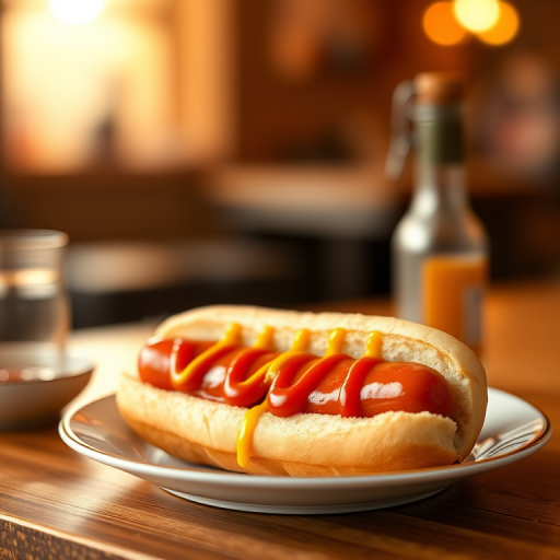 hot dog on a plate with mustard and ketchup, soft focus background with warm lighting, shallow depth of field, DSLR camera, 50mm f/1.8 lens, ISO 200, aperture f/2.8, shutter speed 1/100 sec