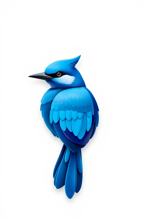 Create an image of a vibrant blue bird, stylized as a logo, set against a clean white background with a glossy finish, taken with a DSLR camera at f/8 aperture, 50mm lens, ISO 100, using soft diffused lighting to enhance colors and details.