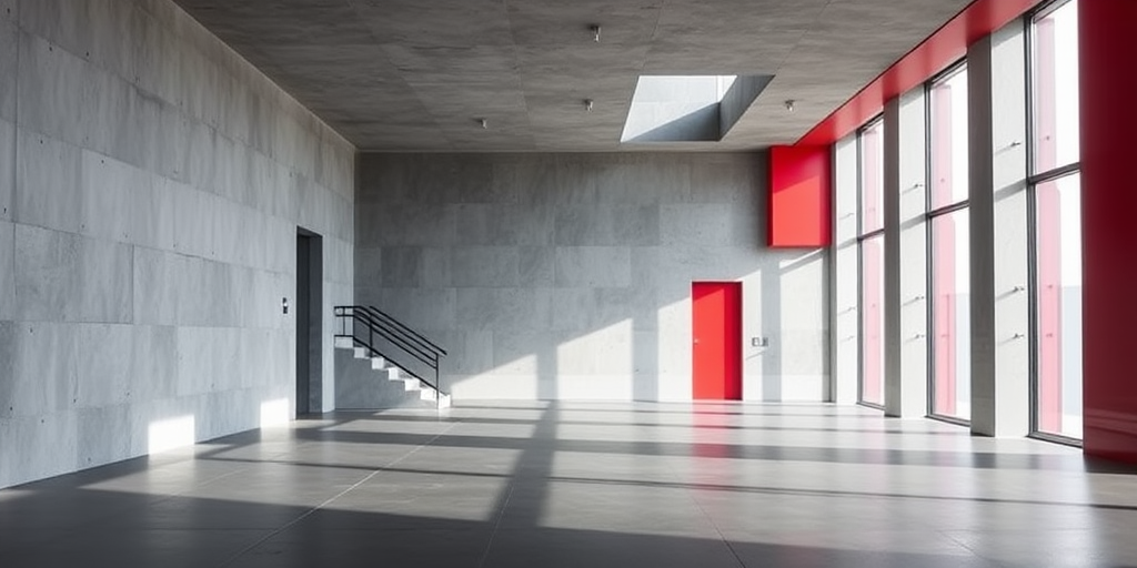 regenerate a modern architectural interior scene with minimalist gray walls and red accent features, using a DSLR camera with a 24mm lens, aperture f/8, ISO 200, and a low angle view to capture leading lines, in soft natural lighting for enhanced detail and clarity