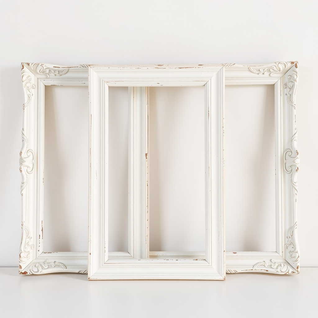 Create an image of three vintage white picture frames arranged in a row against a light-colored background, using a DSLR camera with a 50mm lens, aperture f/2.8, ISO 100, shot from eye level, in natural light to enhance the image quality.