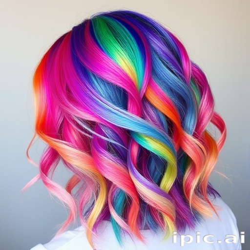 Vibrant rainbow hair arranged in the "Prismatic Dream" style showcases a spectrum of colors blended seamlessly together in a mesmerizing swirl of hues