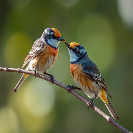 Capture a close-up shot of two birds feeding each other on a branch with a shallow depth of field, using a DSLR camera with a 100mm f/2.8 lens, aperture set to f/2.8, shutter speed 1/500s, ISO 400, in natural lighting to enhance details and bokeh effect.
