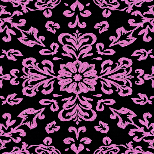Create a high-resolution image of a symmetrical floral pattern with intricate pink lace designs on a black background, using a DSLR camera with a 50mm f/1.8 lens, aperture set to f/5.6, ISO 100, shot from an overhead view with soft natural lighting for enhanced detail and color contrast.