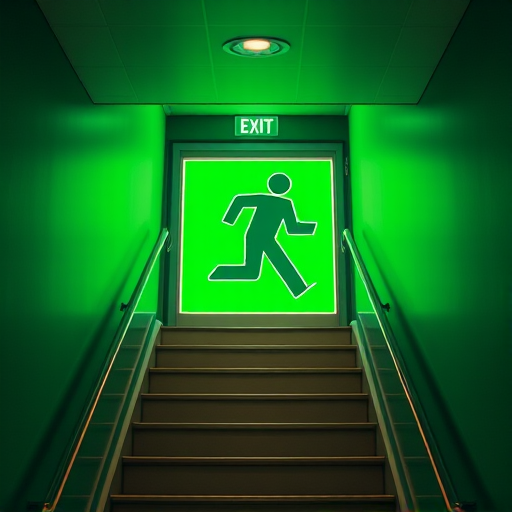 Create a high-resolution emergency exit sign featuring a running figure, with a staircase leading upwards, using a DSLR camera set at f/5.6, ISO 100, 1/200 sec, in a well-lit environment with a slight overhead view and vibrant green background.