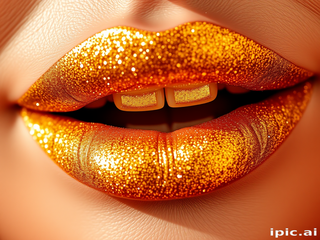 Glittery gold lips with a sparkling finish, named "Golden Hour," showcase a luxurious, light-catching effect and warm undertones for a glamorous look
