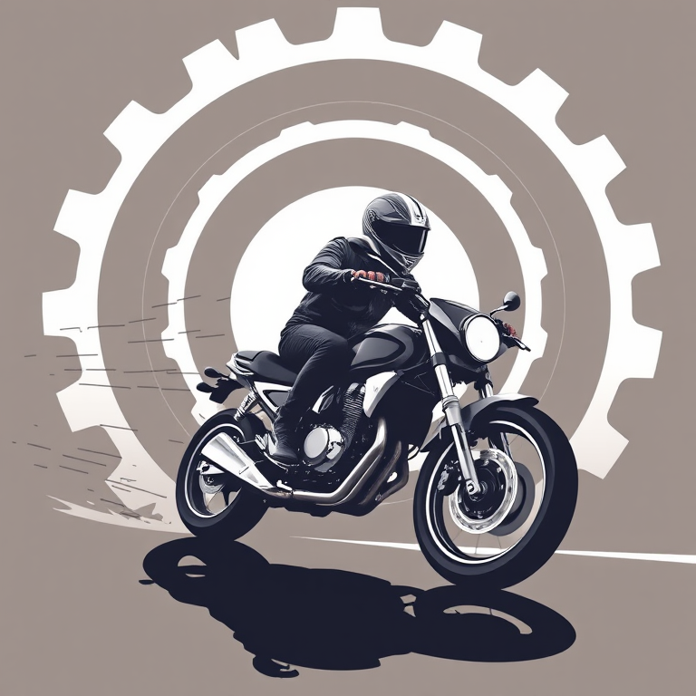 Create a high-resolution vector image of a motorcycle rider in motion, set against a stylized gear background, using a DSLR camera with a 50mm lens at f/1.8, ISO 100, in natural light, to capture sharp details and dynamic movement.