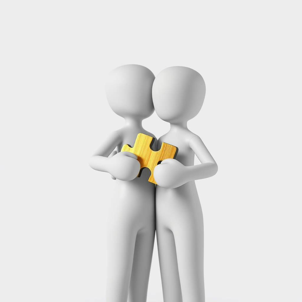 Create an image of two abstract figures embracing while holding a golden puzzle piece together, shot with a Canon EOS 5D Mark IV, 50mm lens, f/2.8 aperture, ISO 100, in a soft focus style against a plain white background.