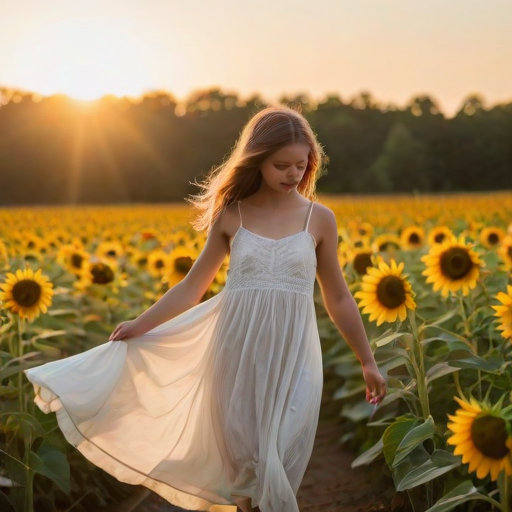 Softly focused image of a young girl walking barefoot through a sunflower field, her white dress flowing in the gentle breeze, with soft golden sunlight filtering through the flowers.