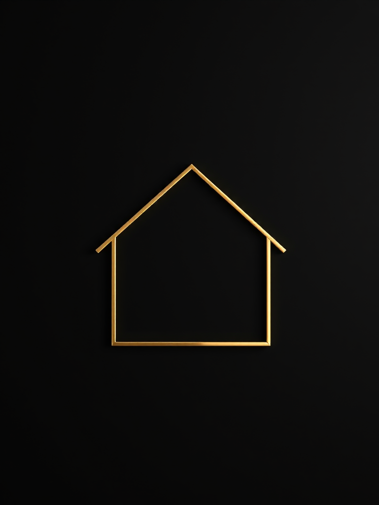 Create a high-resolution image of a minimalist house outline with a sleek gold finish against a black background, using a DSLR camera with a 50mm lens, aperture f/1.8, ISO 100, and a shallow depth of field to enhance details and focus.
