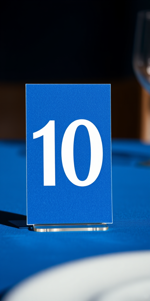 Create a close-up shot of a table number sign featuring the number 10 on a blue background, captured with a DSLR camera at f/1.8 aperture, ISO 200, shutter speed 1/60 sec, in natural light to enhance clarity and detail.