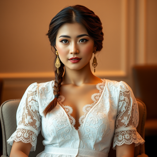 Create a portrait of a refined and elegant Chinese woman seated in a sophisticated setting. She has long, wavy hair styled in two thick braids that are pulled over her shoulders. She wears a white, lace gown with intricate patterns, featuring a deep V-neckline and short sleeves. The dress exudes a vintage charm with its delicate lacework. She is adorned with ornate, dangling earrings that add a touch of glamour to her appearance. The background is softly lit, with warm, ambient lighting that creates a cozy and inviting atmosphere. Her expression is poised and serene, capturing a sense of grace and elegance.