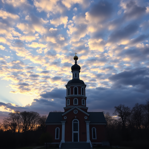 Capture a picturesque sunset view of a church with a tall onion dome, set against a dramatic sky filled with clouds, using a DSLR camera with a 35mm lens, aperture set to f/8, ISO 100, and a shutter speed of 1/200s for clarity and depth.