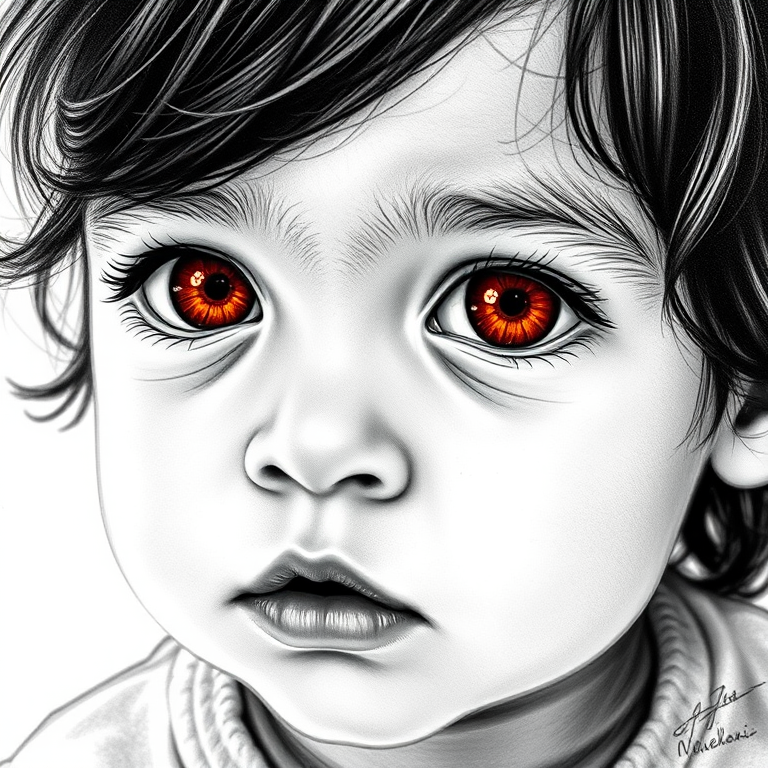 A hyperdetailed photorealistic black and white sketch of a beautiful toddler with deep orange eyes, with a macro focus