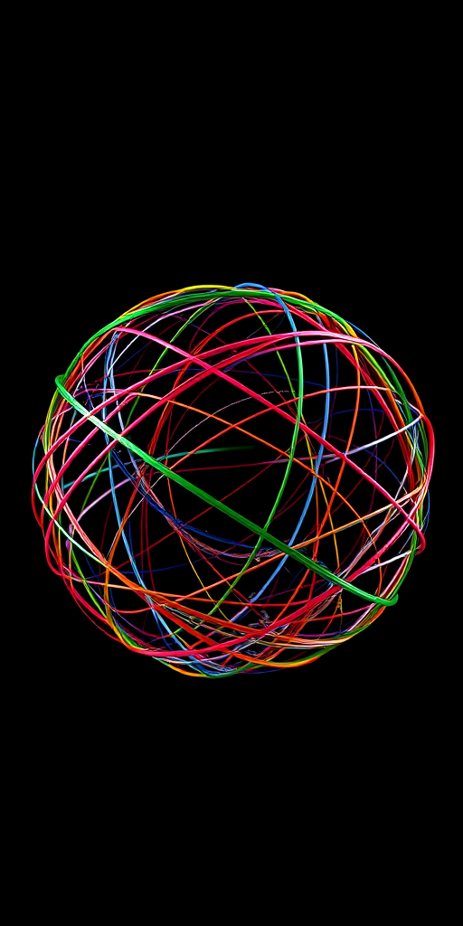 Create a high-resolution 3D spherical representation made of colorful intersecting lines on a black background, using a Canon EOS R5 with a 24-70mm f/2.8 lens, aperture f/8, ISO 100, and a wide-angle view for enhanced depth and detail.