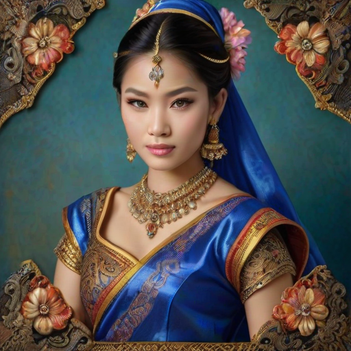 Create a portrait of a beautiful Thai woman with striking blue eyes and a gentle expression. She is adorned in traditional attire with intricate patterns, including a richly embroidered headscarf and matching garments. Her jewelry includes a delicate headpiece, dangling earrings, and ornate bracelets, all featuring vibrant gemstones and detailed metalwork. The background is soft and warm, enhancing the rich colors of her outfit and jewelry.