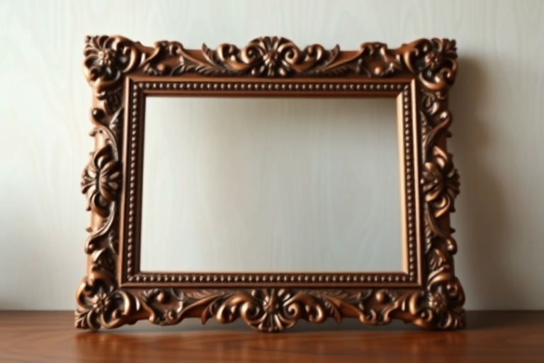 Create an ornate wooden picture frame with intricate carvings and a subtle textural background, captured using a DSLR camera at f/2.8, 50mm lens, ISO 100, 1/200 sec, in natural light, frontal view with a shallow depth of field to enhance image quality.
