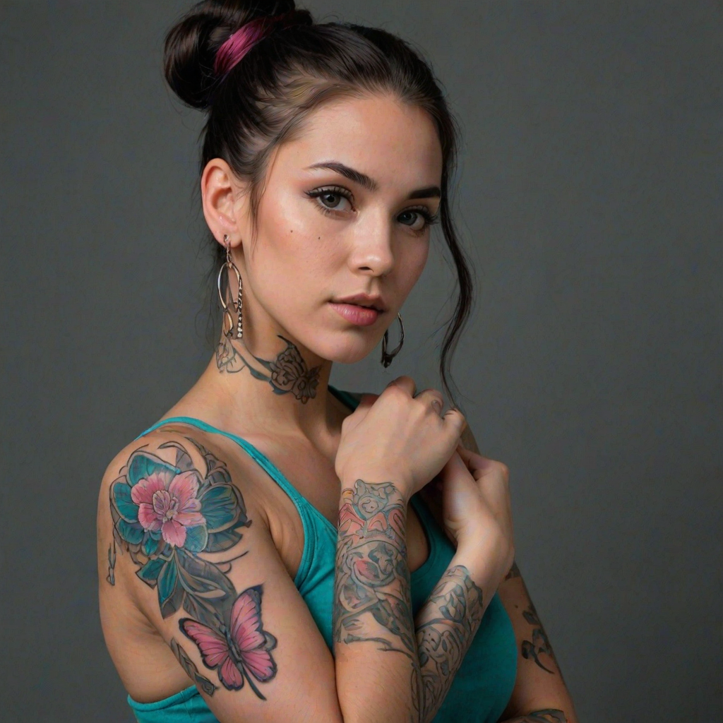 A portrait of a young woman with long dark hair tied up in a bun, with pink streaks, and intricate shaved designs. She is wearing a teal tank top and has a large butterfly tattoo across her chest and multiple colorful floral tattoos on her arms. The woman is looking off to the side, slightly tilted, her right arm is crossed over her chest, and her left hand is resting on her upper arm. The lighting is soft and warm, highlighting the details of the tattoos. The background is a simple, dark gray, providing a neutral backdrop for the subject. The photo has a natural, relaxed feel and a slightly artistic, moody atmosphere.  She is wearing several silver rings and bracelets on her arms, and a pair of long silver dangle earrings with red accents.  Her face is slightly shadowed, giving a soft and alluring feel.  The composition is centered on the woman, who is positioned against a dark background, the emphasis is on her tattoos and the subtle expression on her face.