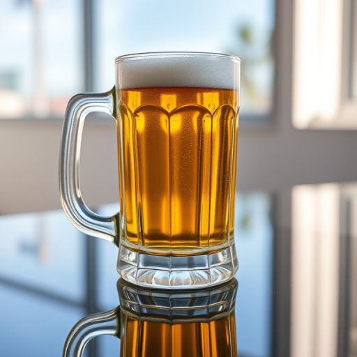 A crystal-clear beer mug placed on a reflective surface, captured with a DSLR camera at f/2.8 aperture, ISO 100, shutter speed 1/125 sec, taken from a 30-degree angle with soft natural lighting for enhanced clarity and detail.