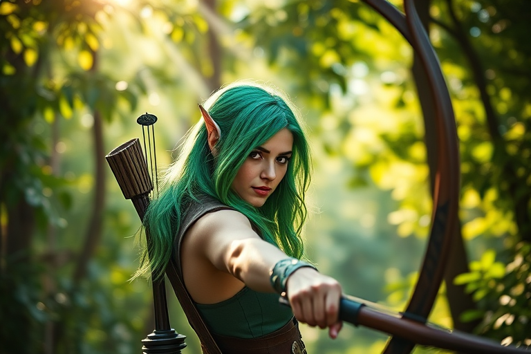 Create an image of a female archer with green hair and a bow in a lush, vibrant forest with beams of light filtering through the leaves, DSLR camera type, f/2.8 aperture, 50mm lens, ISO 100, natural lighting, focus on the archer, shallow depth of field.