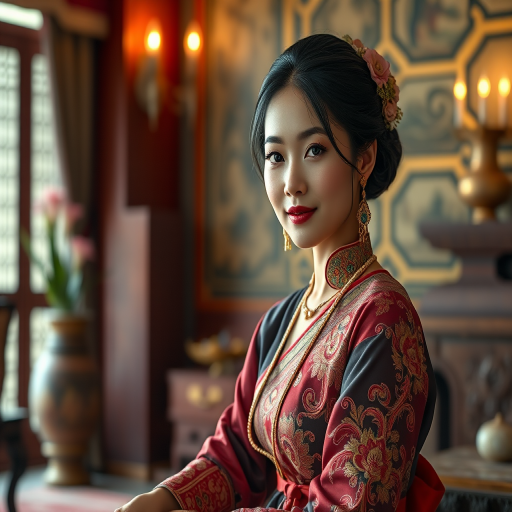 A beautiful Lao woman in traditional East Asian attire, intricately detailed with embroidered patterns, sitting gracefully in a richly decorated room, soft ambient lighting, serene and elegant, ultra-realistic, 8K resolution