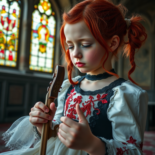 Close up realistic photo of a sad gothic little girl playing (instrument), red hair messy pigtails, black lace white dress with red detailed embroidery, abandoned gothic room with stained glass, closed eyes, horror cinematic lighting, dark fantasy, 4k, hdr,  uhd, detailed dress